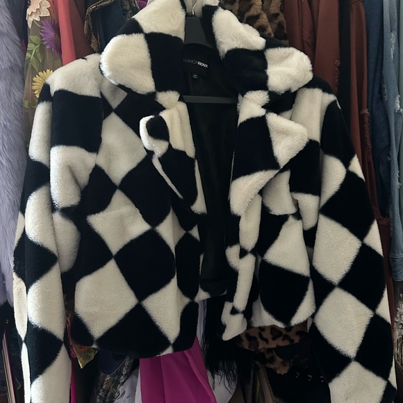 Jackets & Blazers - Faux Fur Checkerboard Jacket - Black & White